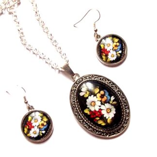 set pandantiv si cercei cu sticla  cu flori 37833