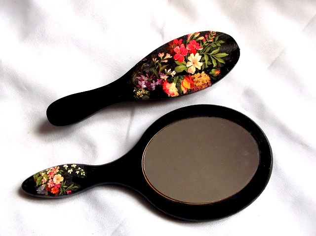 set perie de par si oglinda cu flori 32815 - imagine 2